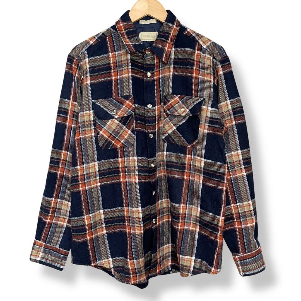 Vintage Plaid Shirt Shacket Men Large Long Sleeve Pockets Acrylic Button-Up Navy